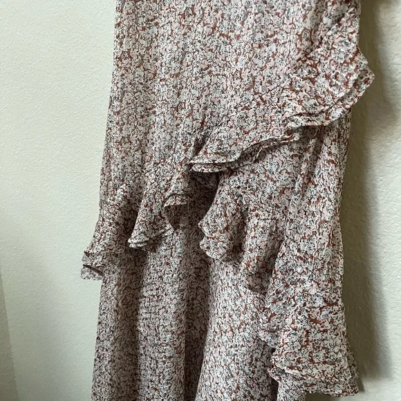 FLORET STUDIOS | Cold Shoulder Asymmetric Ruffle Dress In Rust-Cream | Size XS - Picture 5 of 10